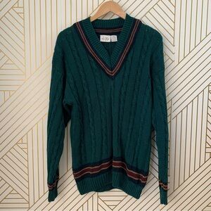 Vintage New River Ramie Cotton blend V Neck Cable knit Sweater Academia L large